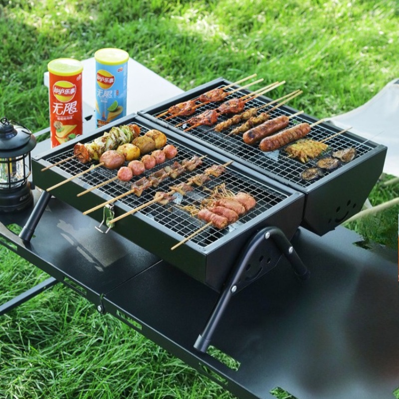 Camping Double Cooking Stove - Carbon Steel Barbecue Grill Portable Double